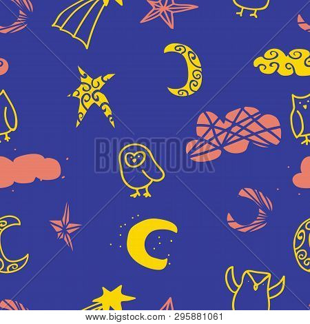 Night Sky Owl Cloud Star Seamless Repeat Pattern Design. Perfect For Surface Or Textile Design. Idea