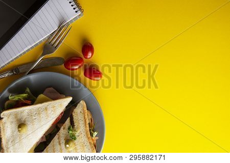 Snacks, Fast Food Concept. Eatting At Work Place. Fresh Club Sandwich, Vegetables, Coffee, Potato Ch