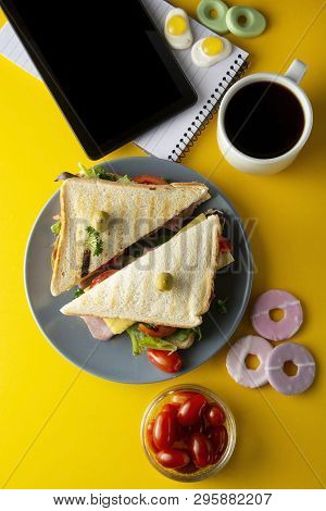 Snacks, Fast Food Concept. Eatting At Work Place. Fresh Club Sandwich, Vegetables, Coffee, Potato Ch