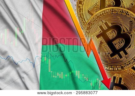 Madagascar Flag And Cryptocurrency Falling Trend With Many Golden Bitcoins
