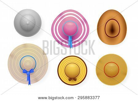 Summer Hats Set. Top View, Cowboy, Straw, Blue Ribbon, Pink. Summertime Concept Realistic Vector Ill