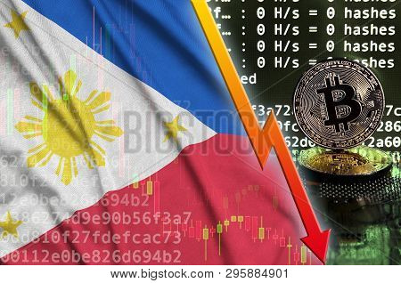Philippines Flag And Falling Red Arrow On Bitcoin Mining Screen And Two Physical Golden Bitcoins