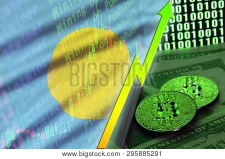 Palau Flag And Cryptocurrency Growing Trend With Two Bitcoins On Dollar Bills And Binary Code Displa