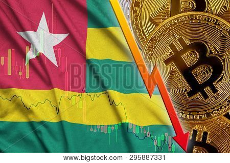 Togo Flag And Cryptocurrency Falling Trend With Many Golden Bitcoins