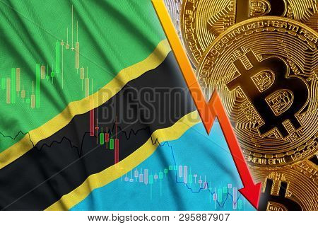 Tanzania Flag And Cryptocurrency Falling Trend With Many Golden Bitcoins