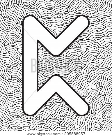 Ancient Scandinavic Rune Pertho With Doodle Ornament Background. Coloring Page For Adults. Psychedel
