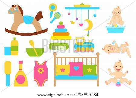 Children Vector, Plush Horse On Wooden Stand, Bowl With Spoon. Crib Cradle For Kiddo With Pillows, C