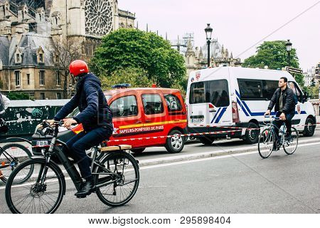 Paris France April 16, 2019 View Of A French Police Car Parked Near The Notre Dame Cathedral In Pari