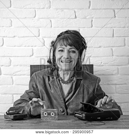 Audio Book And New Technology, Education. Old School Music Player, Radio. Happy Granny Dj In Headset