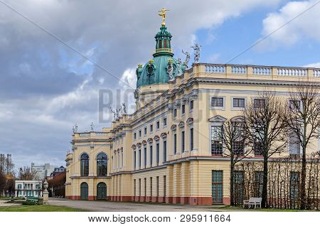 Berlin, Germany - March 19, 2019: Charlottenburg Palace With Its Domed Tower, A Wind Vane In The For
