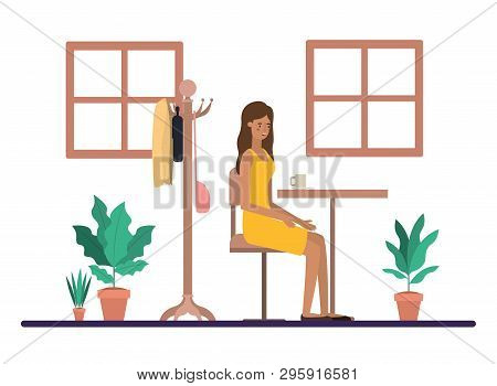 Woman Drinking Coffee In The Dining Room Vector Illustration Design