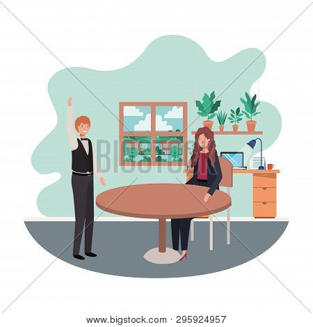 Couple Business In The Room With View The Landscape Vector Illustration Desing