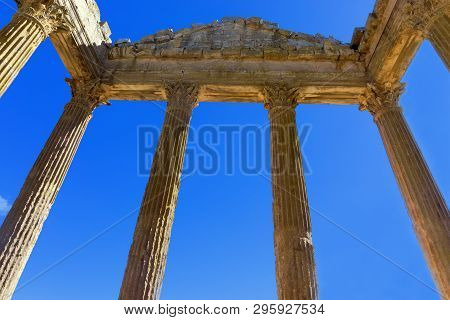 View Of The Columns Of The Capitol Temple In Dougga, Tunisia.