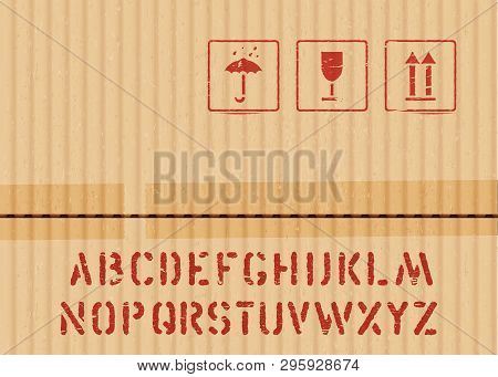 Cargo Cardboard Box Icon Sign Set Fragile, Keep Dry, Top And Crate Font For Logistics. Vector Grunge