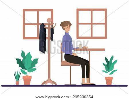 Woman Drinking Coffee In The Dining Room Vector Illustration Design