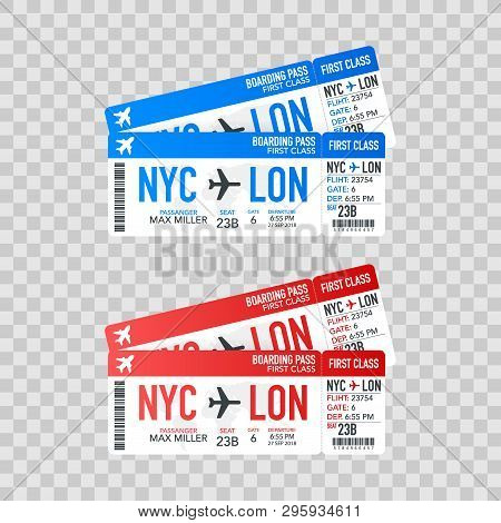 Airline Boarding Pass Tickets To Plane For Travel Journey. Vector Stock Illustration.
