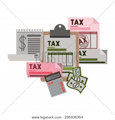 Clipboard Taxes With Calculator And Bills Vector Illustration Design