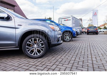 Nuremberg / Germany - April 7, 2019: Mitsubishi Logo On A Mitsubishi Car At A Car Dealer. Mitsubishi
