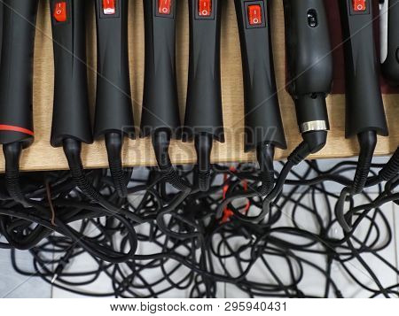 Wires Household Appliances. Hair Stylers. Top View.