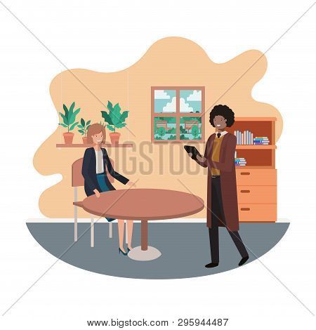 Couple Business In The Room With View The Landscape Vector Illustration Desing