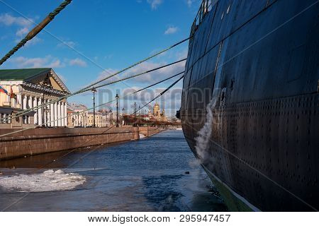 St. Petersburg, Russia - February 17, 2019: Legendary Russian, Soviet Icebreaker -krasin- On The Ete