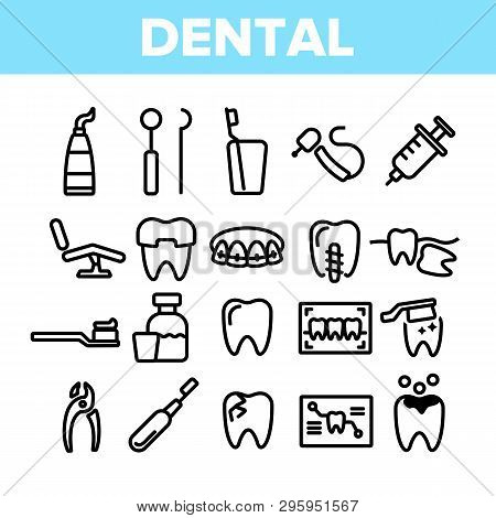 Dental Services, Stomatology Linear Vector Icons Set. Dentistry Clinic Thin Line Symbols Pack. Denti