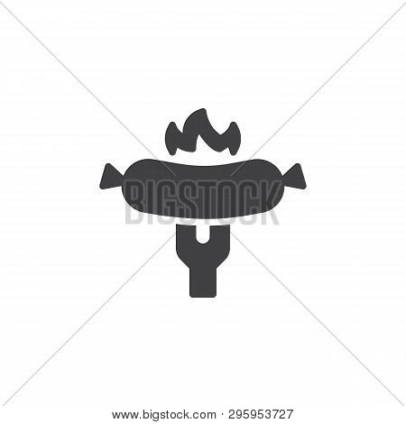 Grilled Sausage On Fork Vector Icon. Bratwurst Roasted Filled Flat Sign For Mobile Concept And Web D