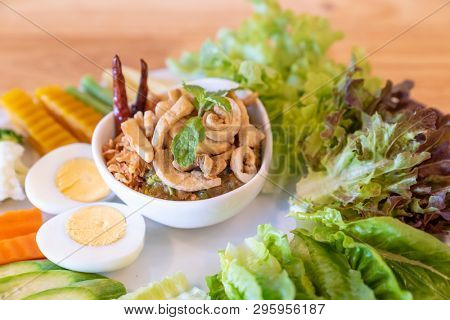 Nam phrik, Thai eggplant organic chili paste with variety vegetable and egg.  Thai traditional food cuisine.