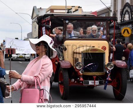 Bowral, Australia - Sept 22, 2018. Asian Lady Taking Selfies At Tulip Time Street Parade Features Cl