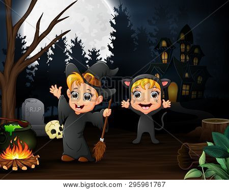Cartoon Of Witch And Cat Outdoors In The Night