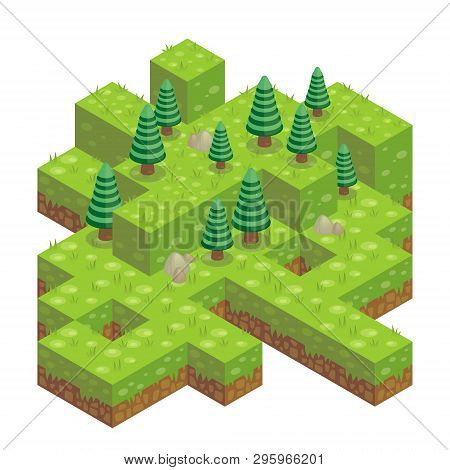 Illustration Of Abstract 3d Isometric Forest With Cube Ground, Trees, Rocks And Grass