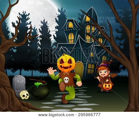 Happy Halloween With Pumpkin Mask And Witch