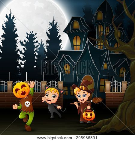 Happy Halloween Kids With Scary House And Full Moon In The Night