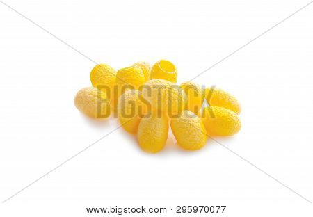 Yellow Thai Silkworm Cocoons Pile Isolated On White Background