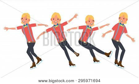 Boy Figure Skater . Winter Sports. Skater Male. Different Poses. In Action. Flat Cartoon Illustratio