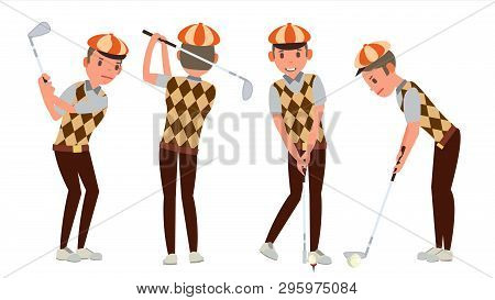 Golf Player . Playing Golfer Male. Different Poses. Isolated Flat Cartoon Character Illustration
