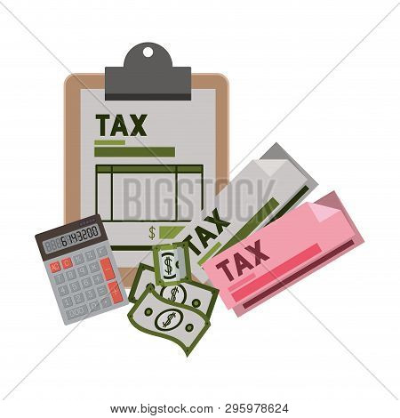 Clipboard Taxes With Calculator And Bills Vector Illustration Design