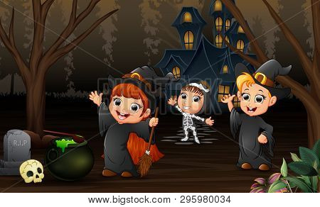 Happy Kids Celebration Halloween Day With Haunted House Background