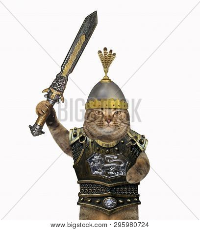 The Cat Warrior In A Helmet And A Cuirass Raises A Sword. White Background. Isolated.