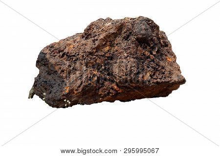 Hematite Stone, Stone Surface With Layers Of Hematite And Layers Of Quartz. Iron Ore Isolated On Whi