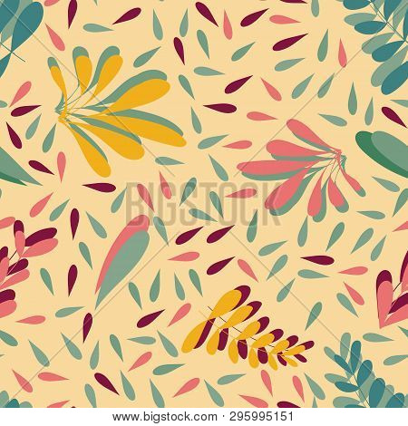 Yellow Blue Pink Vector Leaves Seamless Background Pattern Design. Perfect For Textile Design, Fabri
