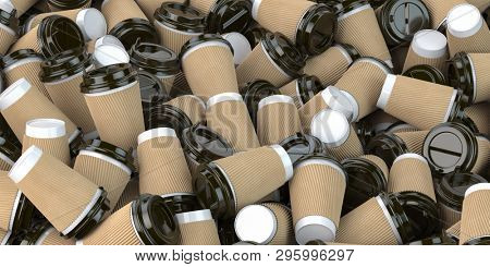 Heap of many empty paper coffee cups. Recycling of plastic waste concept. 3d illustration