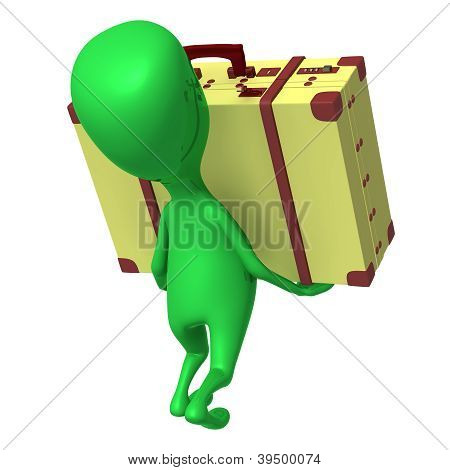 กระเป๋าเดินทางมีหุ่นดูบนแขนของเขา