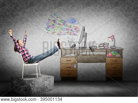 Young Happy Woman Relaxing In Room. Creative Freelance Designer Sitting On Chair And Putting Feets O