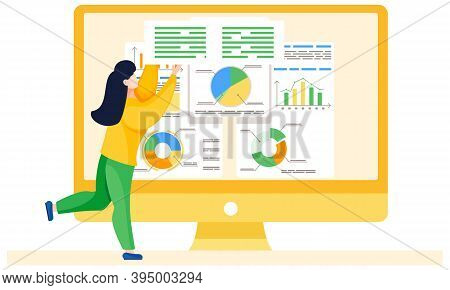 Woman Is Working And Analyzing Financial Statistics On The Background. Girl Employee Holding A Sign 