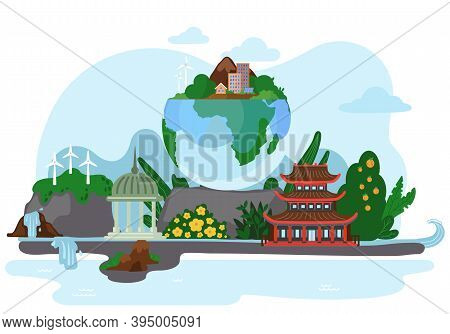 Asian Landscape With Orange Tree, Waterfall, Mountains And House With A Japanese-style Roof, Tropica