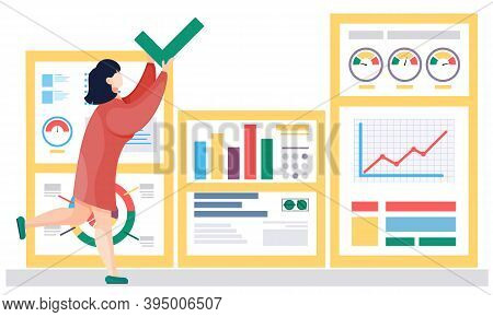 The Woman Works With Graphs And Charts On The Background. The Marketer Studies Information About The