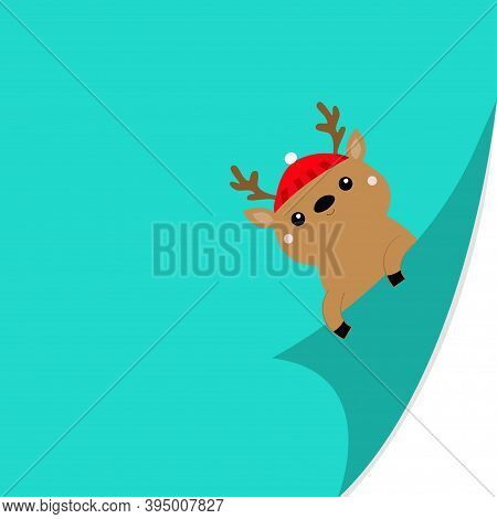 Merry Christmas. Curled Paper Corner. Raindeer, Deer Face Holding Fold Page Corners. Red Santa Hat. 