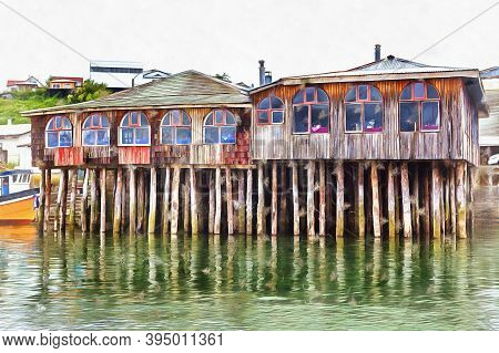 Traditional House On Piles Colorful Painting Looks Like Picture