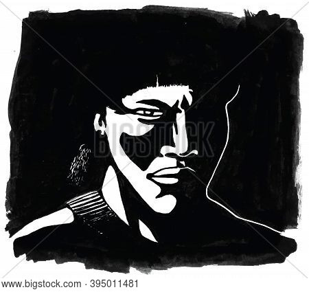 Illustration Of Brazilian Indigenous Man With Severe Looking In Shaded Atmosphere. Hand Drawn And Di